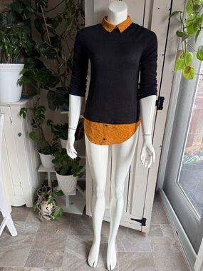 Black Sweater Layered Look with Mustard Polka Dot (sewn in) Shirt NWOT